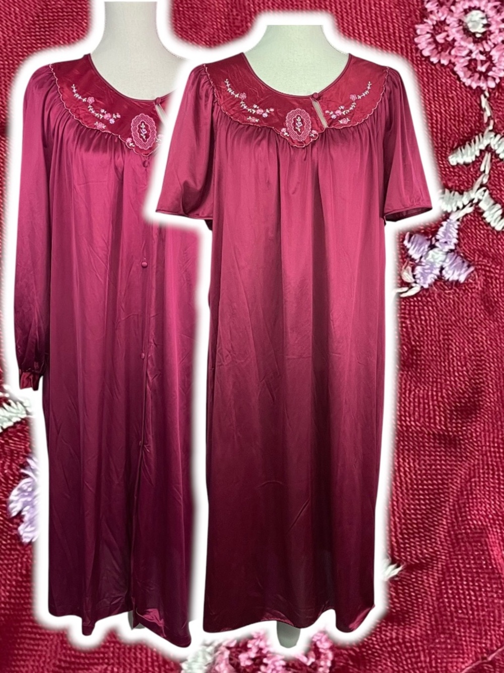 Victorian Cottagecore Embroidered Robe Set 3X Floral 2-pc Burgundy Red Satin